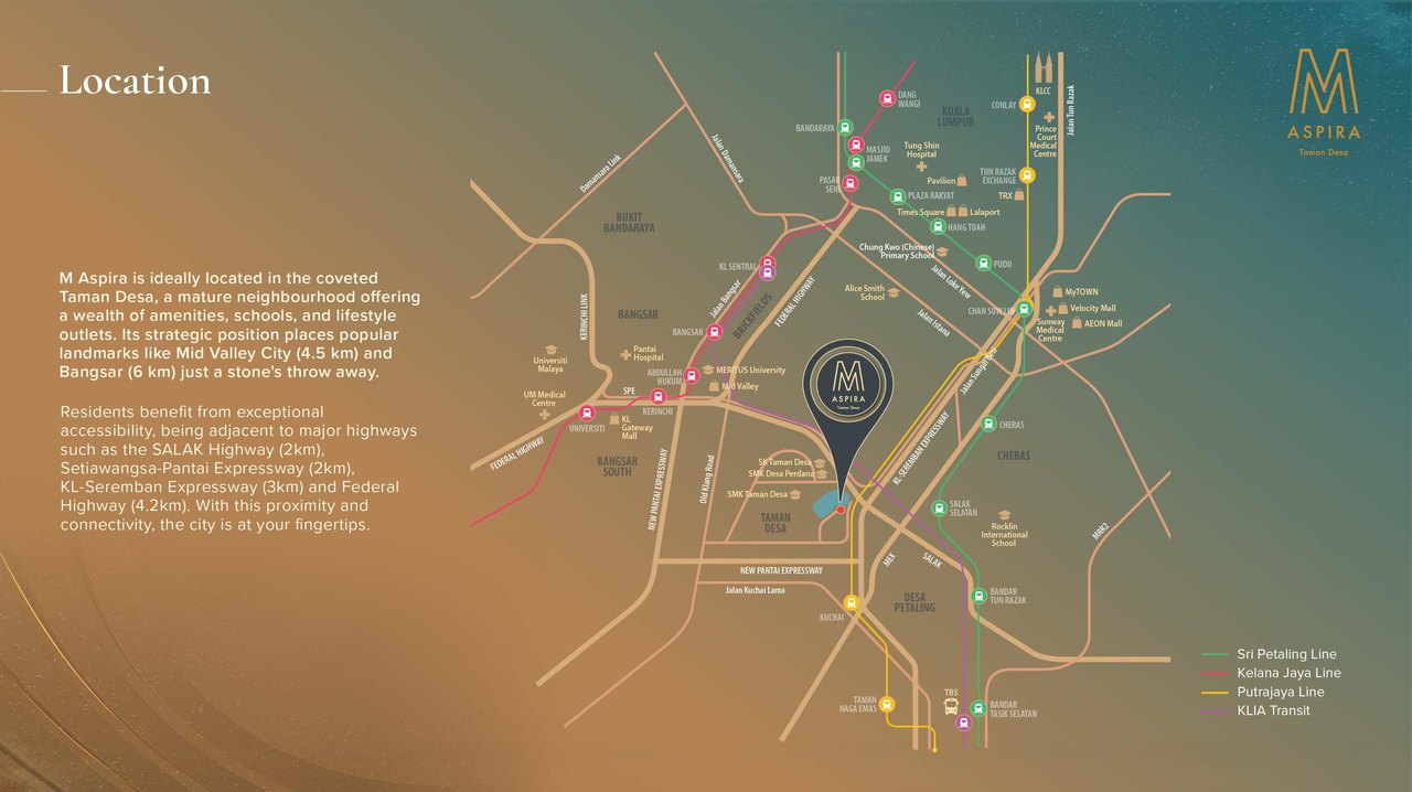 M Aspira location map — Taman Desa, rail lines and landmarks