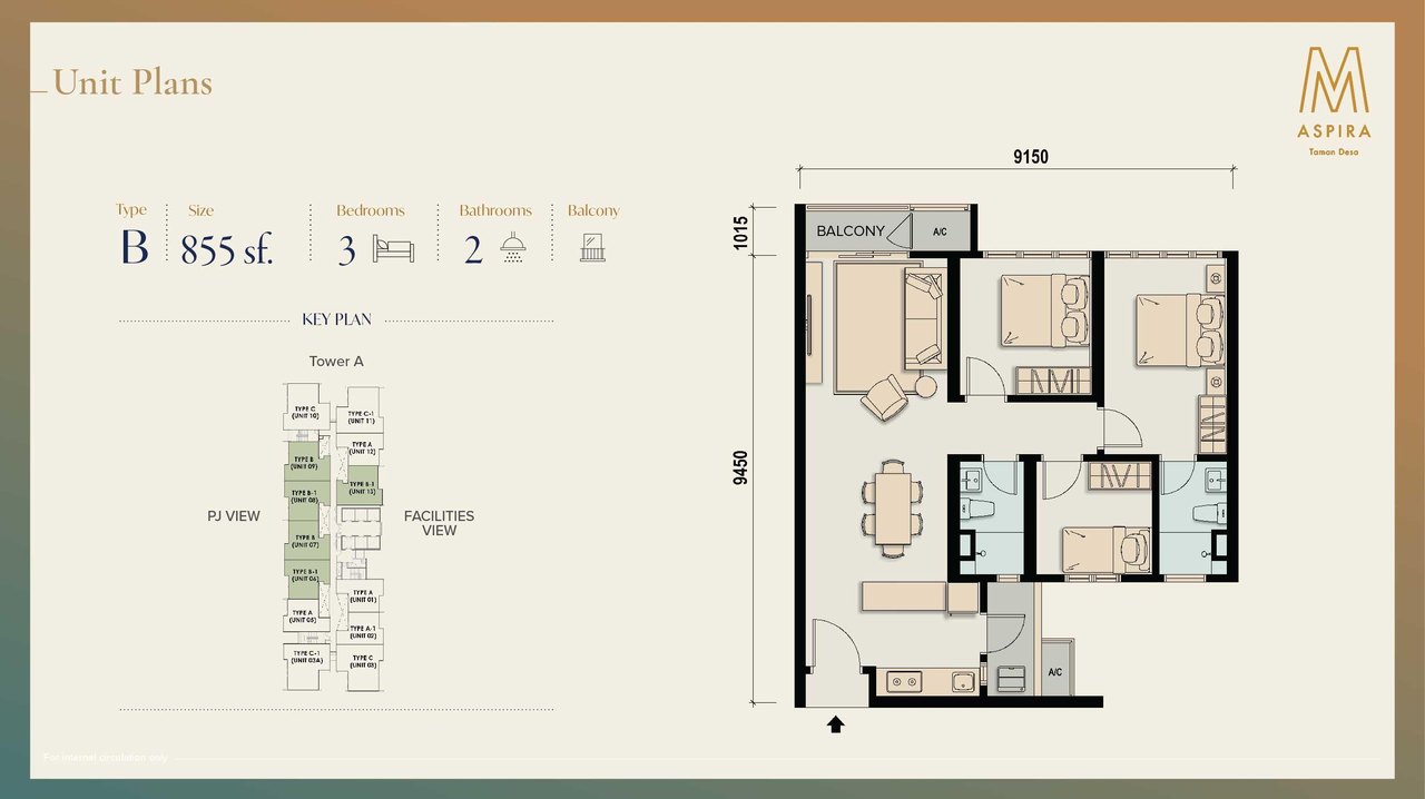 M Aspira Type B unit plan, 855 sq ft