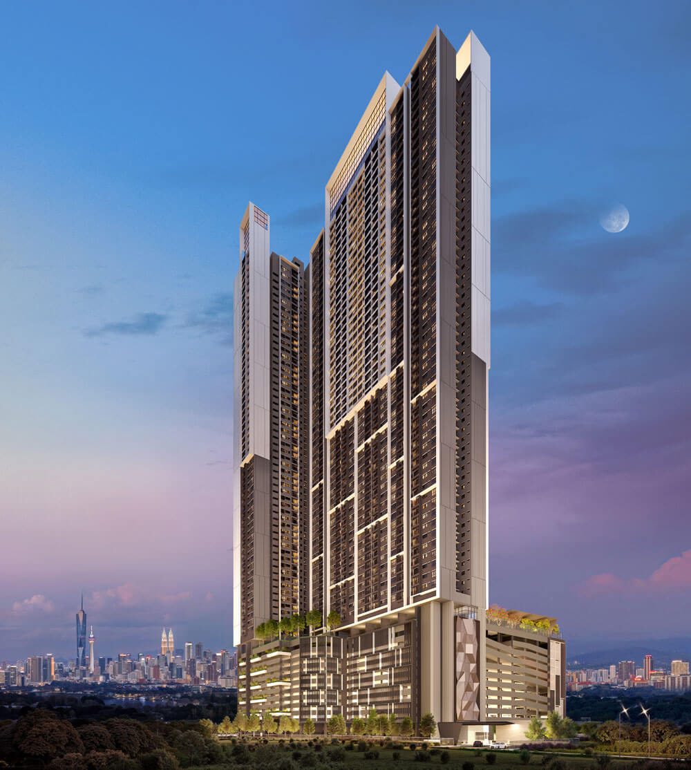 M Aspira twin towers rising above the Taman Desa skyline at dusk — artist's impression.