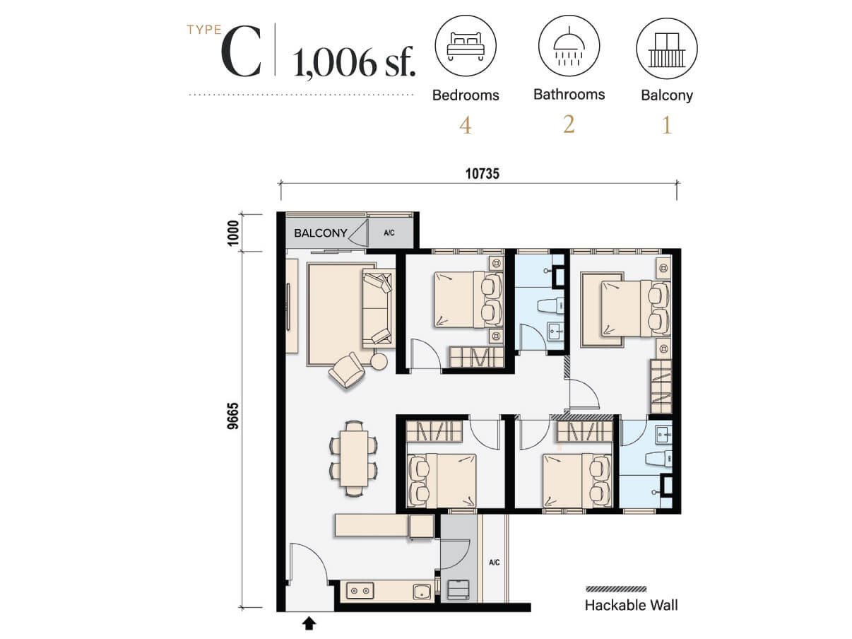 M Aspira Type C 1006sf 4-Bedroom Floor Plan Taman Desa